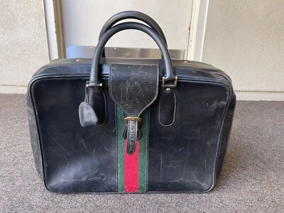 CHIC GUCCI NEGRO VINTAGE GRANDE CUERO VERDE Y ROJO TELA EQUIPAJE AÑOS 70-80 Foto 1 de 4