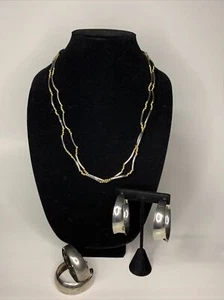 Vintage Gold Silver Necklace 23” & 2 Wide Silver Hoop Earrings 2” MCM Mod Retro - Picture 1 of 12
