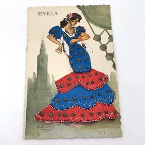 Silk Thread Postcard Spain Sevilla A Ibarra Flamenco Dancer Senorita 1950s - Picture 1 of 11