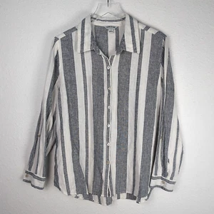 Orvis Women's Button-Up Shirt L White Black Striped Long Sleeve Linen Blend - Picture 1 of 10