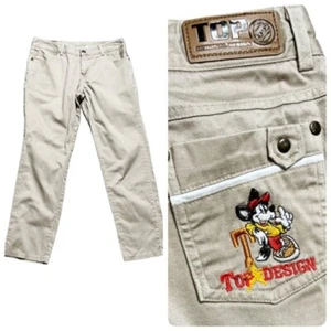 Top Original Design Pants Youth Size M Mickey Mouse Embroidered Beige Skinny - Picture 1 of 5