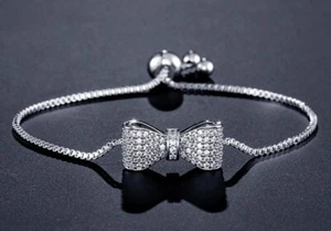 Silver Bracelet Bangle Crystal Bow Adjustable Bracelet Comes Gift Box 723 - Picture 1 of 3