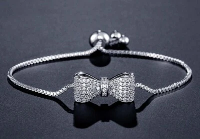 Silver Bracelet Bangle Crystal Bow Adjustable Bracelet Comes Gift Box 723 - Image 1 of 3