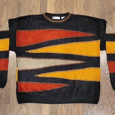 Suéter estilo Coogi horizontal vintage Bachrach EUA masculino tamanho G preto amarelo vermelho - Imagem 1 de 4
