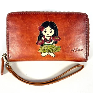 Hawaiian Hula Girl Brown Leather Wristlet Zipped Wallet 6"x3.5" - Picture 1 of 8