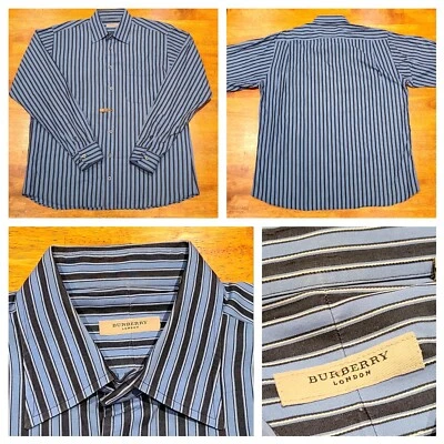 Burberry London Button Up Stripe Dress Shirt Made In USA Men's Large Blue Black - Image 1 of 4