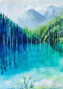 Original Watercolor Painting Lake Wall Art Kazakhstan Nature Painting - Picture 1 of 2