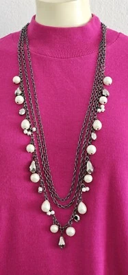 CHICOS beautiful long necklace black metal and white pearls 20'' NWOT statement - Image 1 of 4