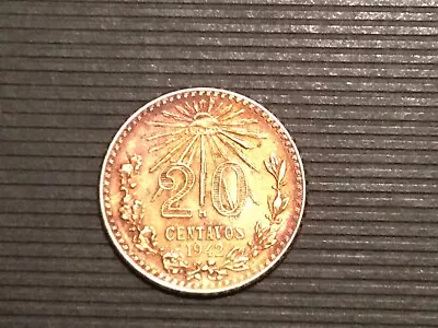 WW2 1942 Mexico Silver 20 Centavos TONED GOLD RED & BLUE Beautiful Coin - Image 1 of 4