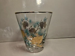 VTG 6oz Libbey David Douglas Aqua Gold Pine Cone Lowball Bar Glass - Picture 1 of 7