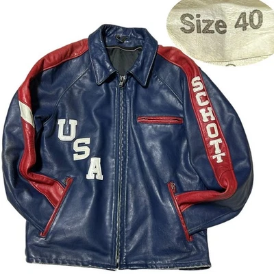 SCHOTT 90s Single Rider Biker Jacket Collar Leather Made in USA Navy Blue 40 L - Image 1 of 4