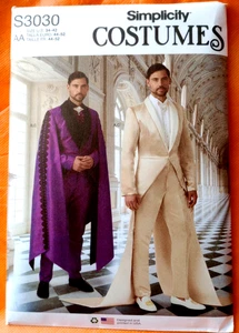 Simplicity Sew Pattern S3030 Mens Costume Suits Tuxedo Tailcoat Style Size 34-42 - Picture 1 of 8