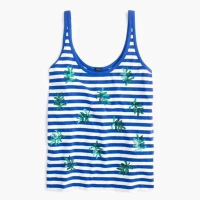 J Crew Striped Blue White Top Tank Sequins Palm Tree Leaves Tee Linen Cotton XL - Image 1 of 4