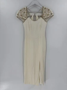 NightWay Vintage Gown Dress Womens 2 Ivory White Beaded Slit Sheath Maxi Flower - Picture 1 of 21