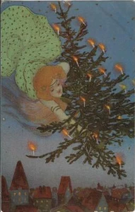 Colored Christmas Angel Delivering Tree Raphael Kirchmer German Postcard #5213 - Picture 1 of 2