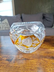 BOHEMIAN CUT & ENGRAVED AMBER FLASHED GLASS LARGE ROSE BOWL - Picture 1 of 6