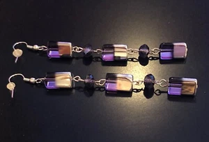 NWOT Amethyst & Silver Glass Beaded Long Dangling 4" Pierced Fashion Earrings - Picture 1 of 8