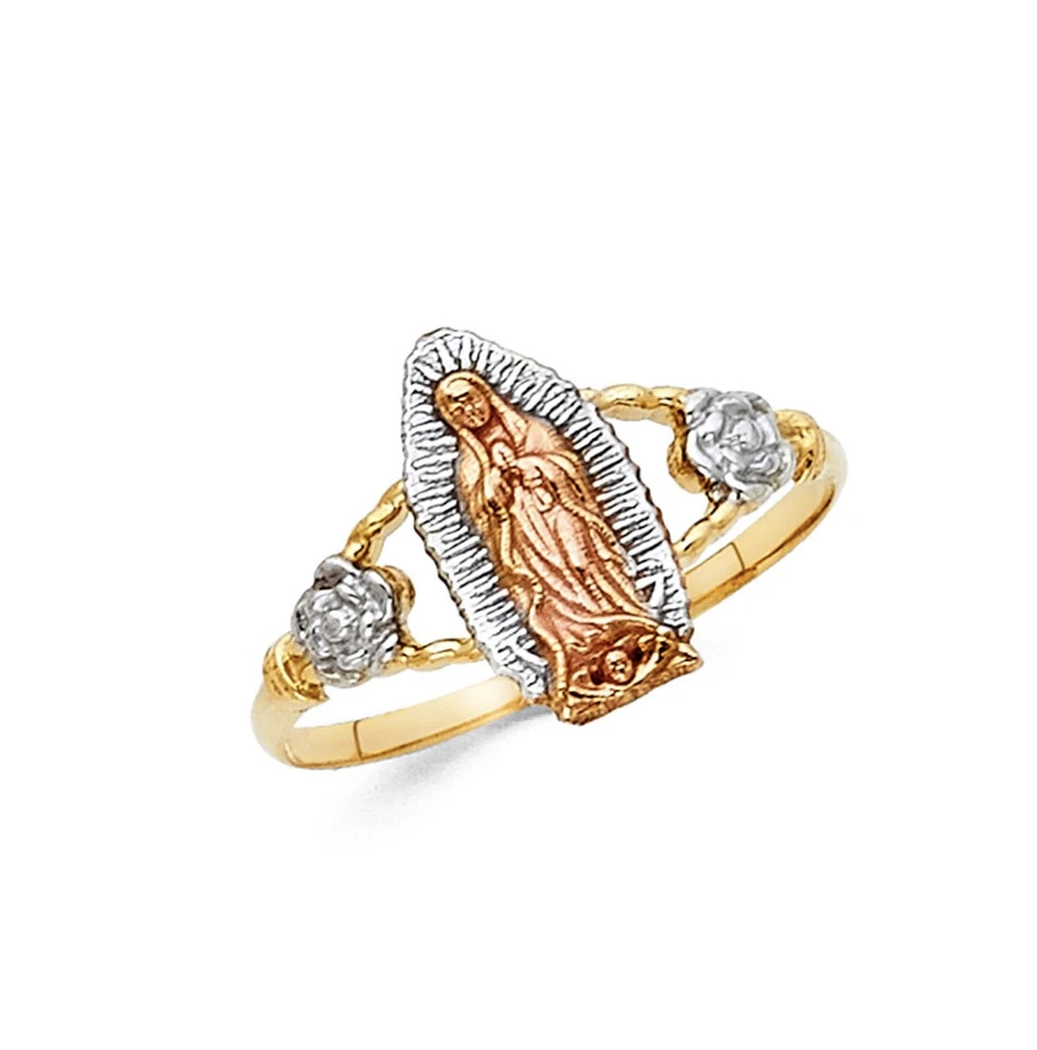14K Tri Color Virgin Mary Gold Ring Flower Anillo de Oro Virgen de Guadalupe - Image 1 of 1
