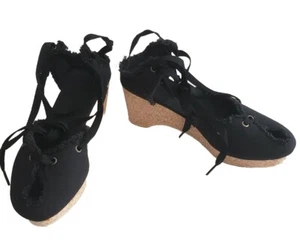Black Cotton Drawstring Wedge Sandals Size 10 - Picture 1 of 2