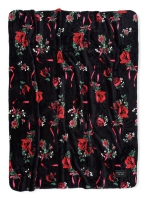 VICTORIA'S SECRET BLACK RED FLORAL POINSETTIA SHERPA FLANNEL BLANKET THROW LARGE - Image 1 of 3