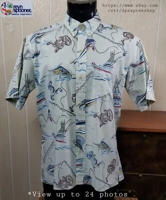 Reyn Spooner barco havaiano de pesca em alto mar peixe-espada P/S *camisa verde em perfeito estado tamanho G - Imagem 1 de 4
