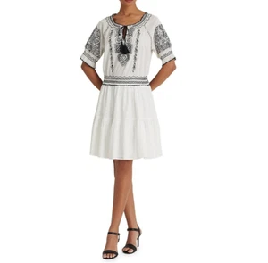NWT Lauren Ralph Lauren Embroidered Peasant Dress White 12 White Tassel Smocked - Picture 1 of 22
