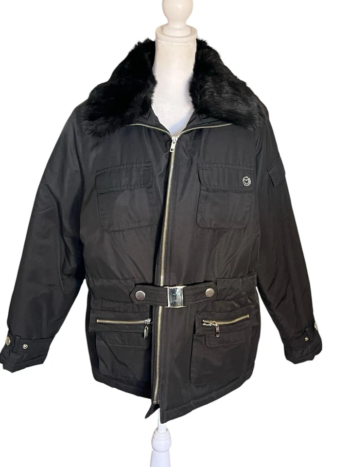 XOXO Mujer’s 90’s Negro XXL Abrigo Cuello de Piel Real Hebilla Cinturón Prada Lookalike  Foto 1 de 4