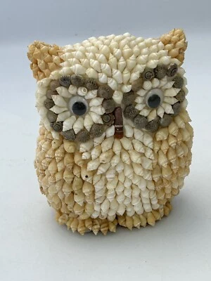 Vtg Handcrafted Sea Shell Folk Art Owl Coin Still Bank Figurine Beach Decor - Image 1 of 4