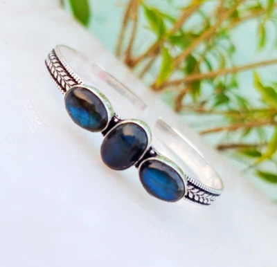 Labradorite Bangle 925 Sterling Silver Adjustable Handmade Cuff Bracelet Jewelry - Image 1 of 4