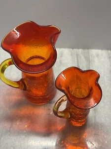 Vintage 5” & 4” Handmade Crackle Art Glass Ruffle Lip Amber & Orange Pitchers - Picture 1 of 8