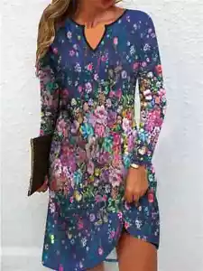 PLUS SIZE 20 22 24 26 28 LADIES DARK BLUE MULTI FLORAL PRINT SHIFT DRESS STRETCH - Picture 1 of 3
