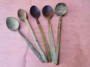 OLD ANTIQUE PRIMITIVE WOODEN HANDMADE LONG RARE CARVED SPOON PADLE- 5 pcs - Picture 1 of 23