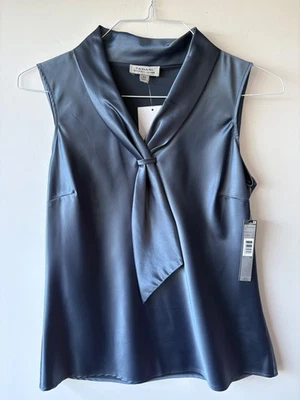 Blusa sin mangas Tahari ASL gris oscuro Charmeuse marinero corbata talla XS de EE. UU. Foto 1 de 4