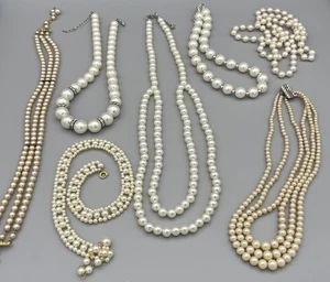 Faux Pearl Necklace Bundle x7 Vintage Mixed Lengths Beaded Costume Jewellery - Picture 1 of 9