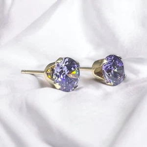 Lavender Cubic Zirconia 14K Yellow Gold 4-Prong Stud Earrings 3mm 4mm 5mm Unisex - Picture 1 of 7
