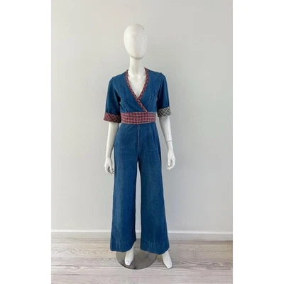 1970s Jumpsuit / 70s Denim and Plaid Jumpsuit / Small - Image 1 of 4