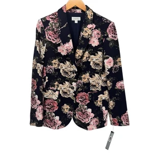 Tahari ASL Blazer Womens 12 Navy Blue Rose Floral 2 Button Lined Jacket NEW $139 - Picture 1 of 12