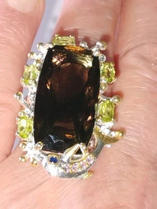 Anello Delfino Quarzo Fumè Peridoto Zaffiro Blu Placca Oro Sterling 925 Misura 8 - Foto 1 di 7