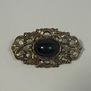 Vintage antike goldfarbene filigrane Brosche mit schwarzem Cabochon Trauerstil - Bild 1 von 3