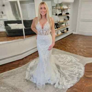 Abito da sposa spiaggia sirena scollo a V senza maniche applicazioni tulle corsetto abito da sposa - Foto 1 di 7