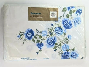 Vintage Stevens Utica Twin Flat Sheet Blue Rose, Made USA New NOS Cottagecore - Picture 1 of 7