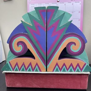 Vintage Art Deco bunte Buchstützen Holz hell Dopamin Dekor geometrische Volkskunst - Bild 1 von 17