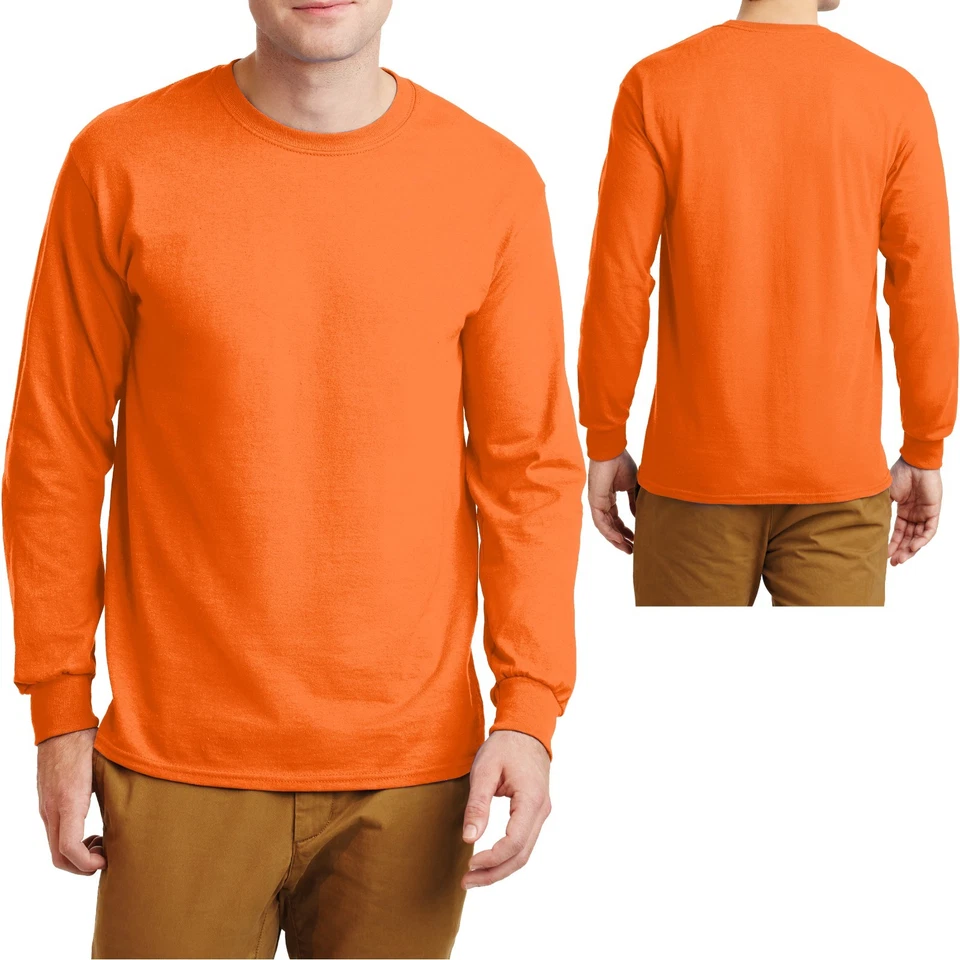 Mens Long Sleeve T-Shirt Gildan Safety Green Orange ANSI High Vis Sizes S-5XL  - Image 1 of 1