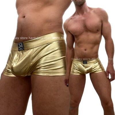 Jockmail Mens Shiny Gold PU Coated Sexy Pouch Boxer Trunk Brief Underwear short