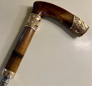 VINTAGE ANTIQUE GOLD FILLED FAUX HORN UMBRELLA CANE HANDLE 1905 - Picture 1 of 9