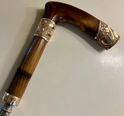 VINTAGE ANTIQUE GOLD FILLED FAUX HORN UMBRELLA CANE HANDLE 1905 - Image 1 of 4
