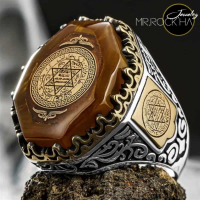 Seal of King Solomon,Brown Amber Stone,Handmade Engraving,925K Silver Men's Ring - Image 1 of 4