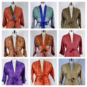 Accappatoio kimono casual indiano 15 pezzi donna fatto a mano seta sari vintage - Foto 1 di 13