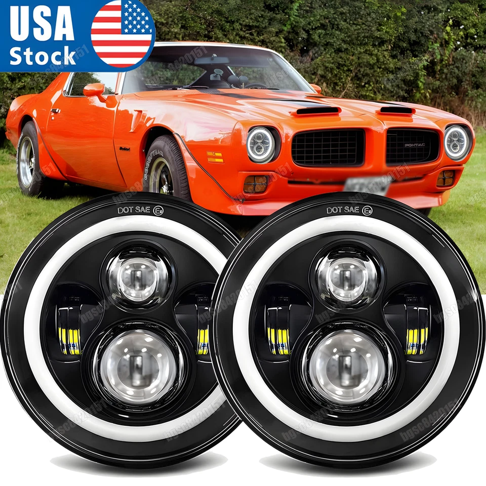 Pair for 1970-1976 Pontiac Firebird7"inch LED Headlights Hi/Lo DRL Angel Eyes - Image 1 of 4