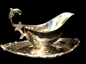Vtg. Ornate Silver Plate Gravy Boat With Unattached Saucer Unmarked Unpolished - Picture 1 of 9